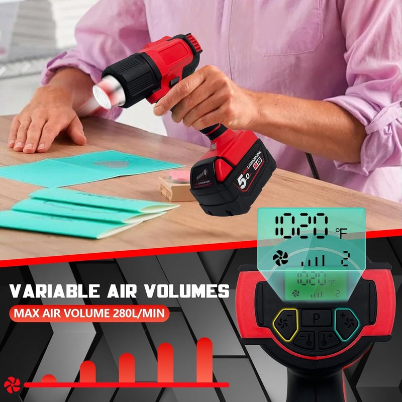 RAYLEEY Cordless Heat Gun Compatible with Milwaukee 18V Battery, 122℉-1022℉ Hot Air Gun with Digital LCD Display, Adjustable Temp & Air Flow, 4 Nozzles for Crafts,Shrinking PVC, Paint Stripping (No Battery) - Image 3